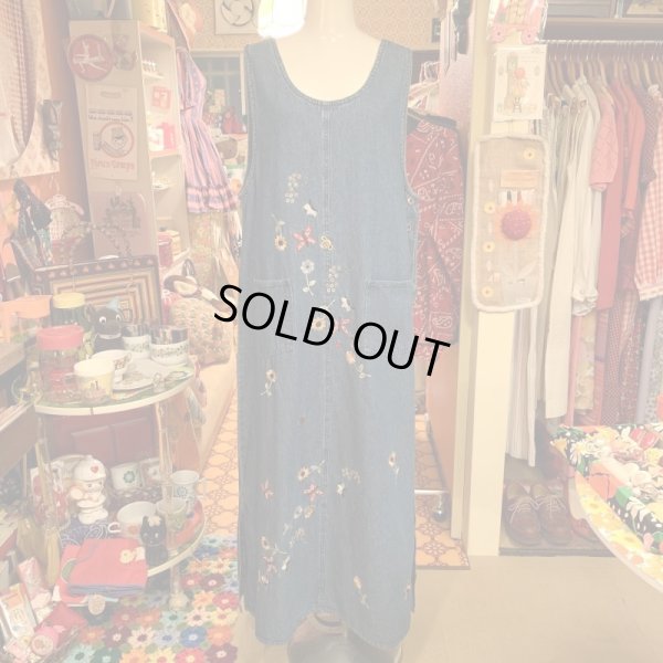 画像1: Butterfly・Flower embroidery sleeveless denim onepiece