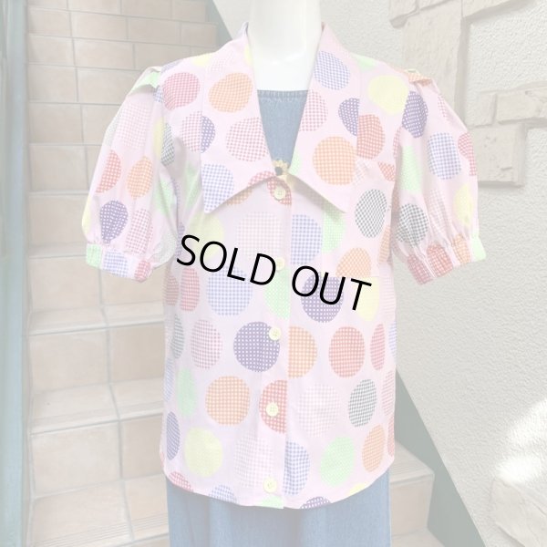 画像1: 80'S  Made in Italy Checkered polka dot pattern blouse