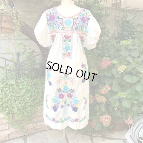 画像1: Vintage Wh mexican embroidery dress