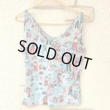 Vintage lady&flower pattern sleeveless top