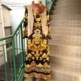 Vintage oriental flower pattern poly long dress