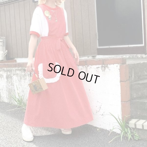 画像1: Vintage pindot pattern ruffle pocket sleeveless long dress