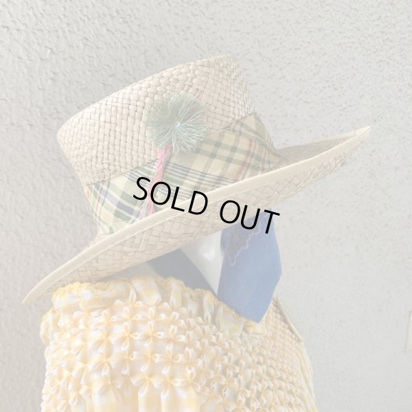 画像1: Vintage plaid ribbon straw hat