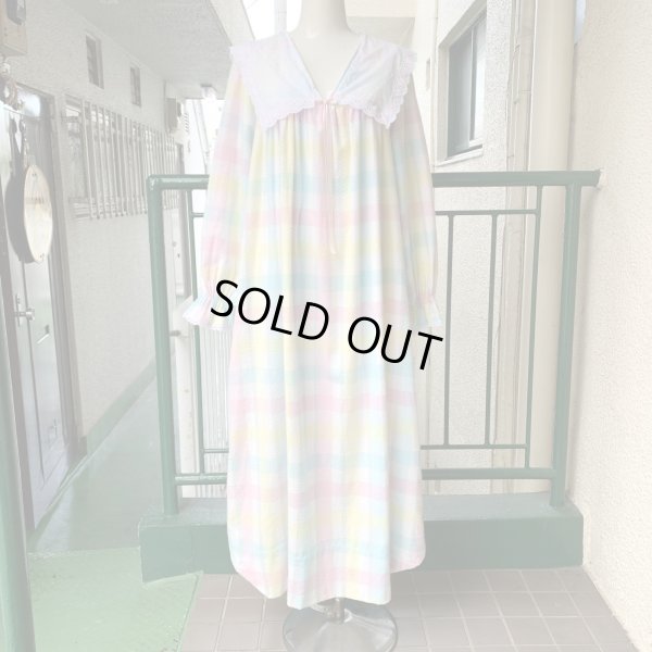 画像1: H様専用　Vintage flower embroidery cotton collar pastel check dress