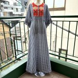 Vintage cross stitch navy checkered ruffle sleeves dress