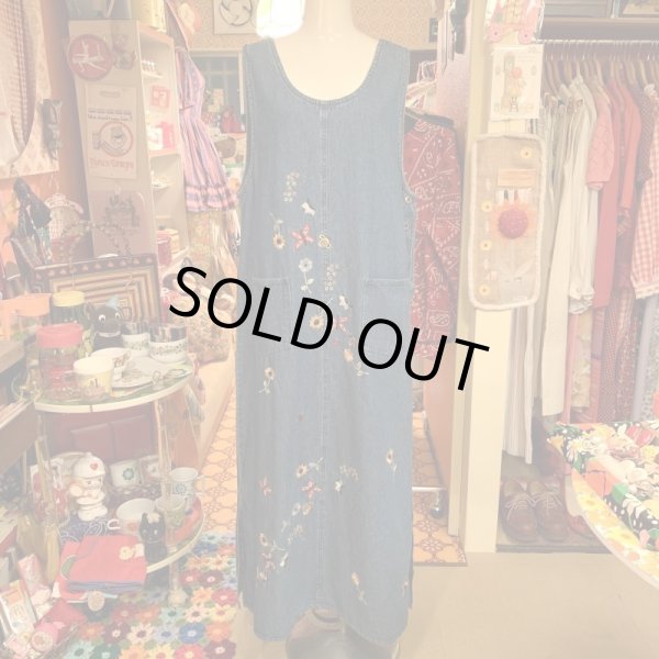 画像1: Butterfly・Flower embroidery sleeveless denim onepiece