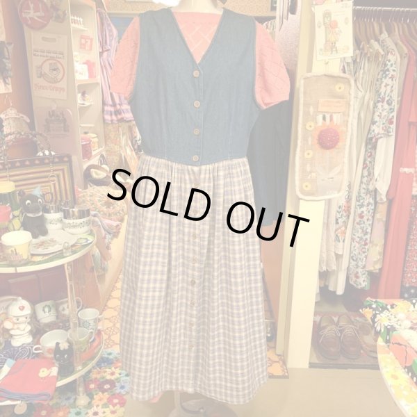 画像1: Denim and Plaid Sleeveless onepiece