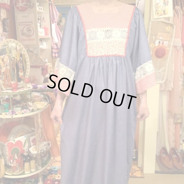 画像1: 70'S Patchwork chambray long dress