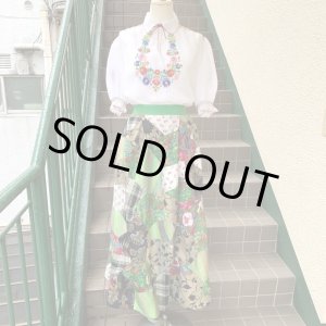 画像: (SALE) Vintage Light green line patchwork wrap skirt