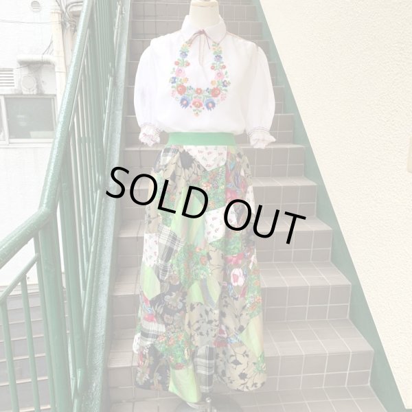 画像1: (SALE) Vintage Light green line patchwork wrap skirt