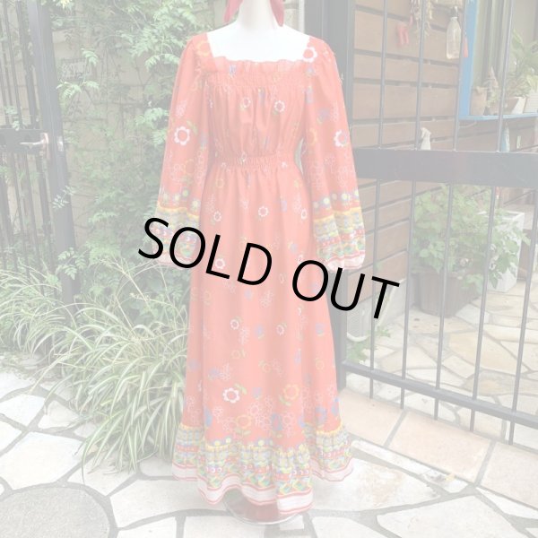 画像1: Vintage flower pattern balloon sleeve long dress