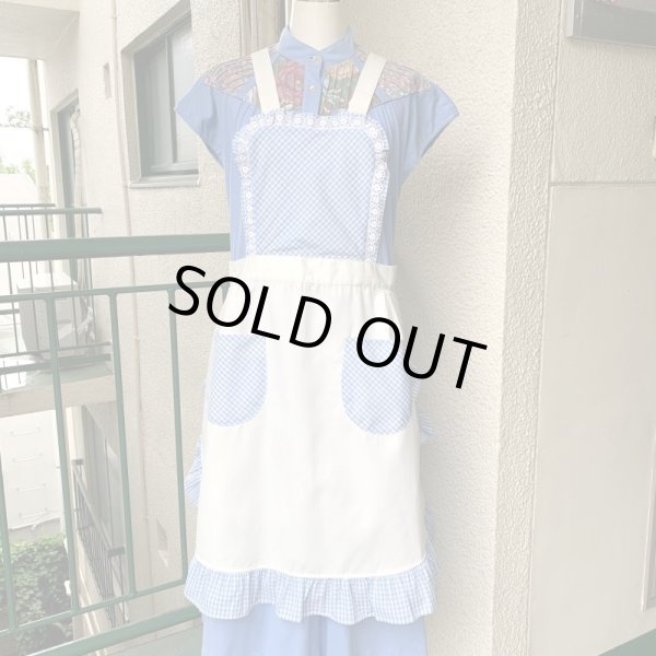 画像1: Vintage light blue checkered flower lace apron