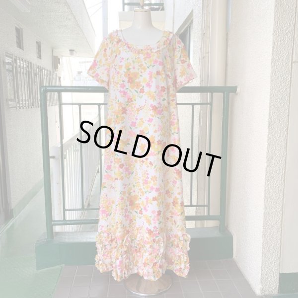 画像1: Vintage colorful flower printed frill line dress