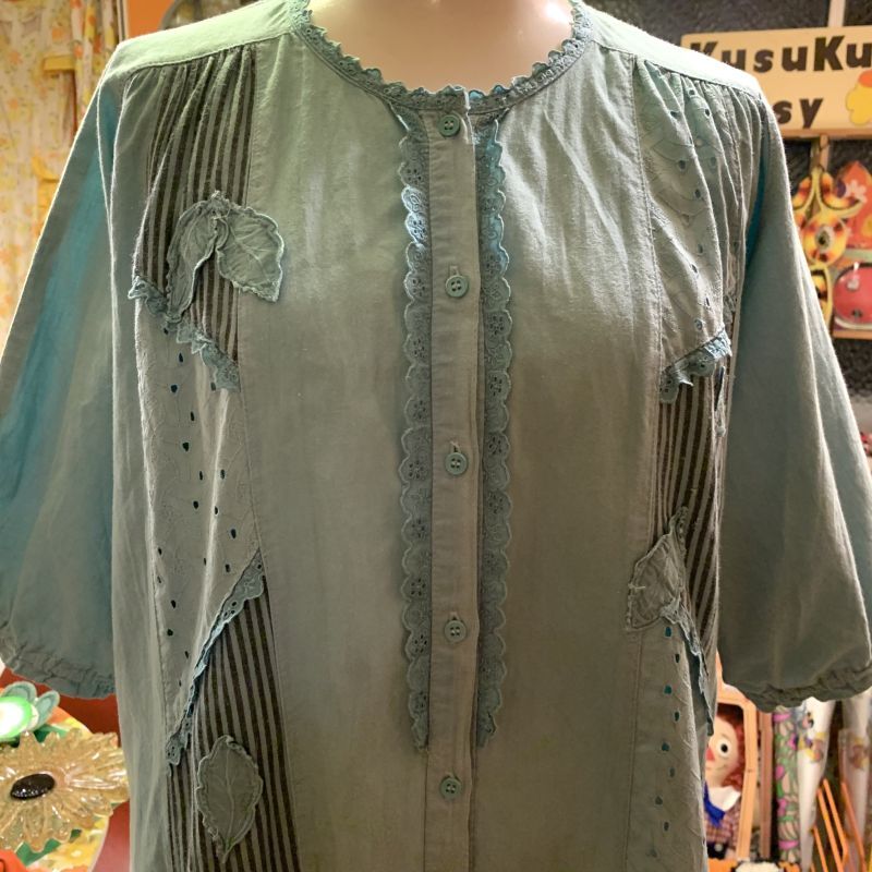 画像: Light Green Leaf・Stripe・Cutwork lace Patch Onepiece