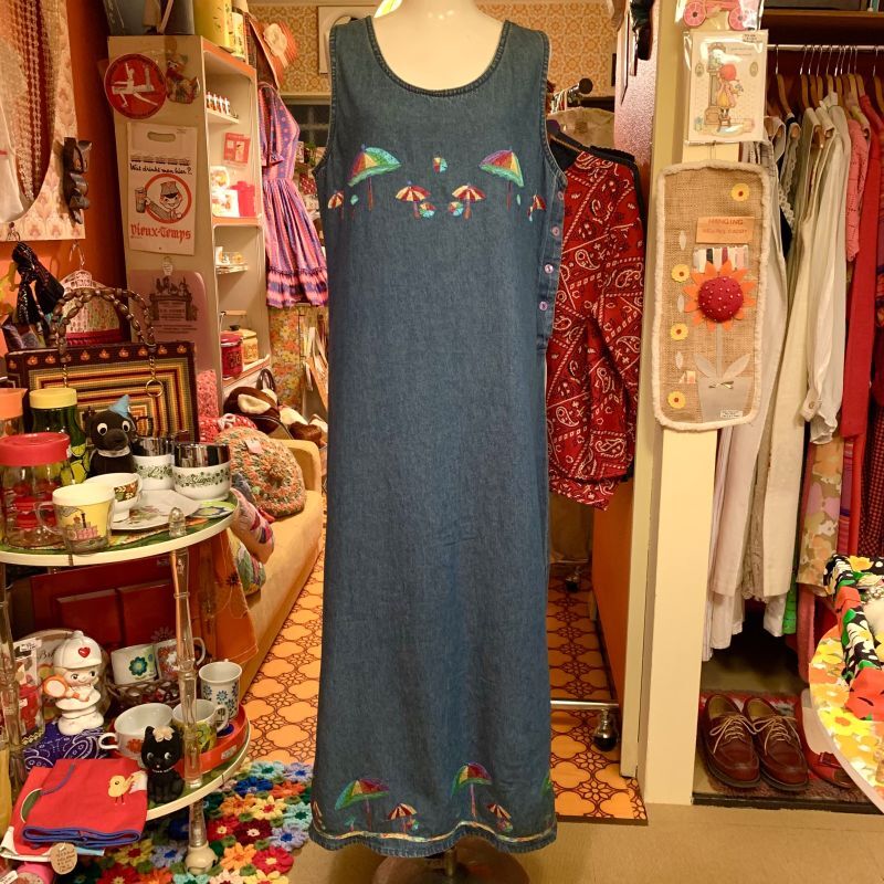 画像1: Umbrella embroidery denim sleeveless onepiece