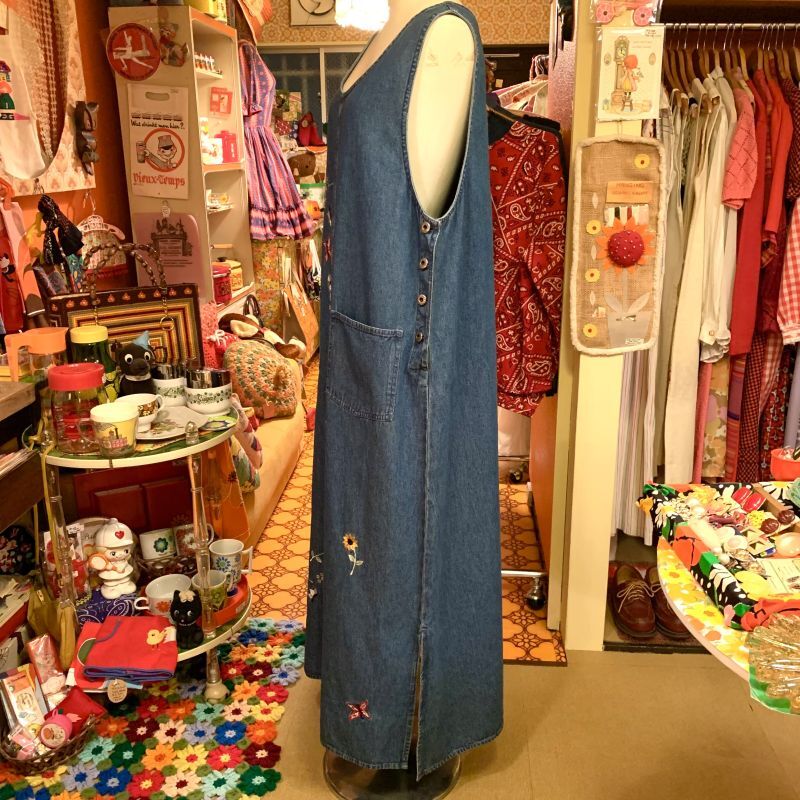 画像: Butterfly・Flower embroidery sleeveless denim onepiece