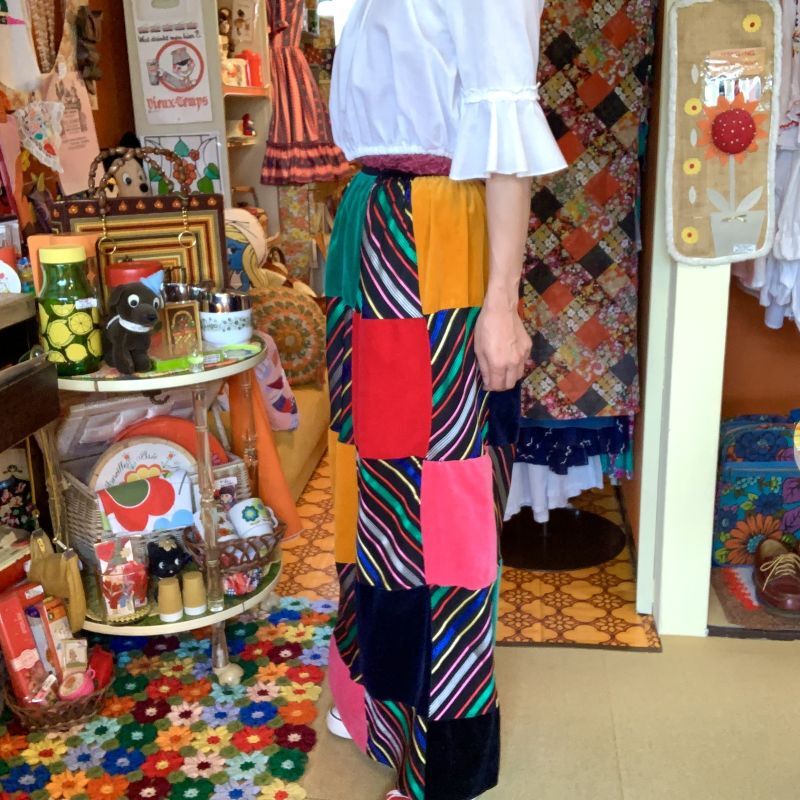 画像: stripe＆velor patchwork long skirt