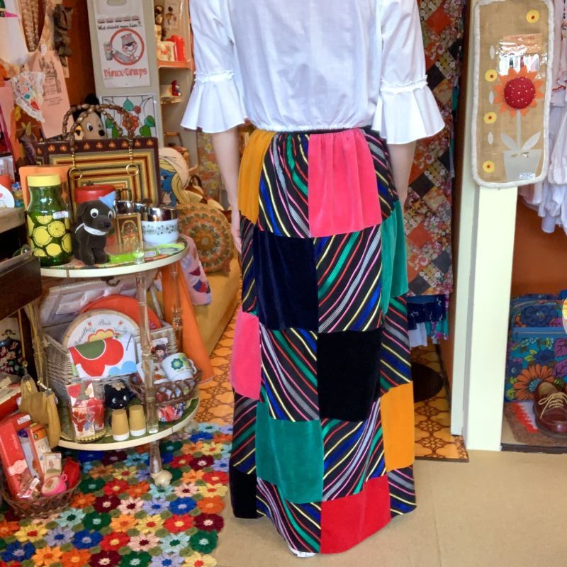 画像: stripe＆velor patchwork long skirt