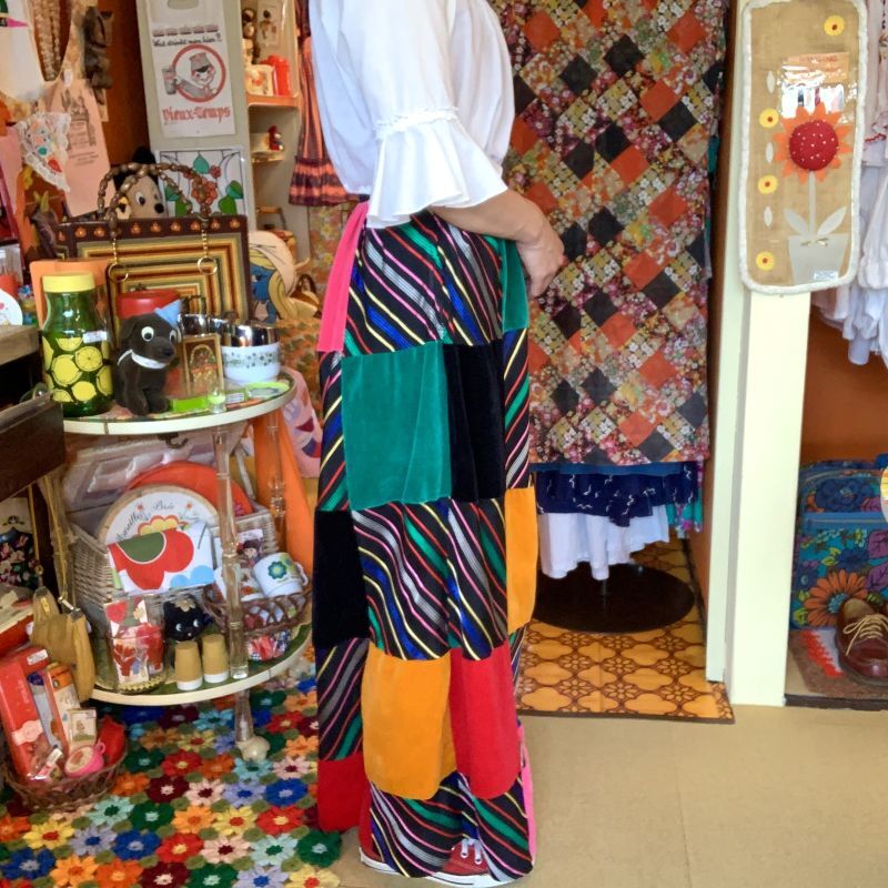 画像: stripe＆velor patchwork long skirt