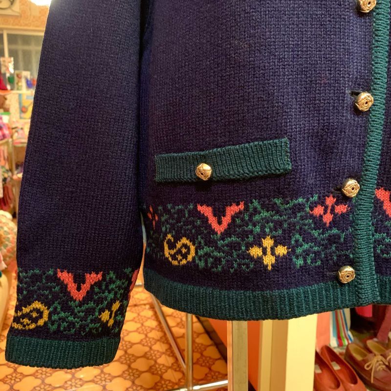 画像: Green/Navy gold button knit cardigan