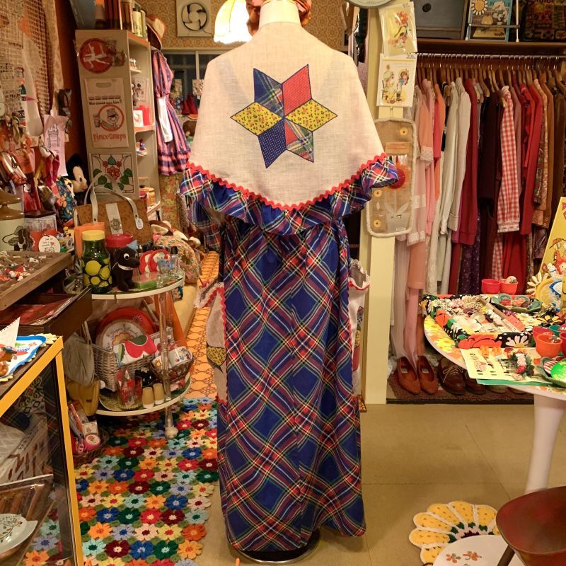 画像: Patchwork pattern&madras check with cape onepiece