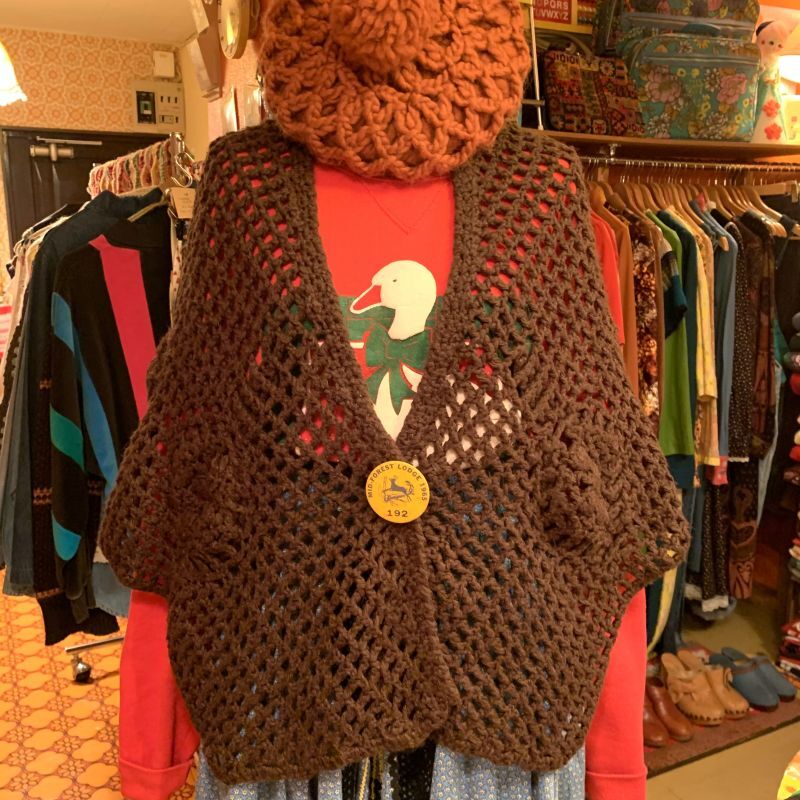 画像1: （SALE）Brown crochet cape