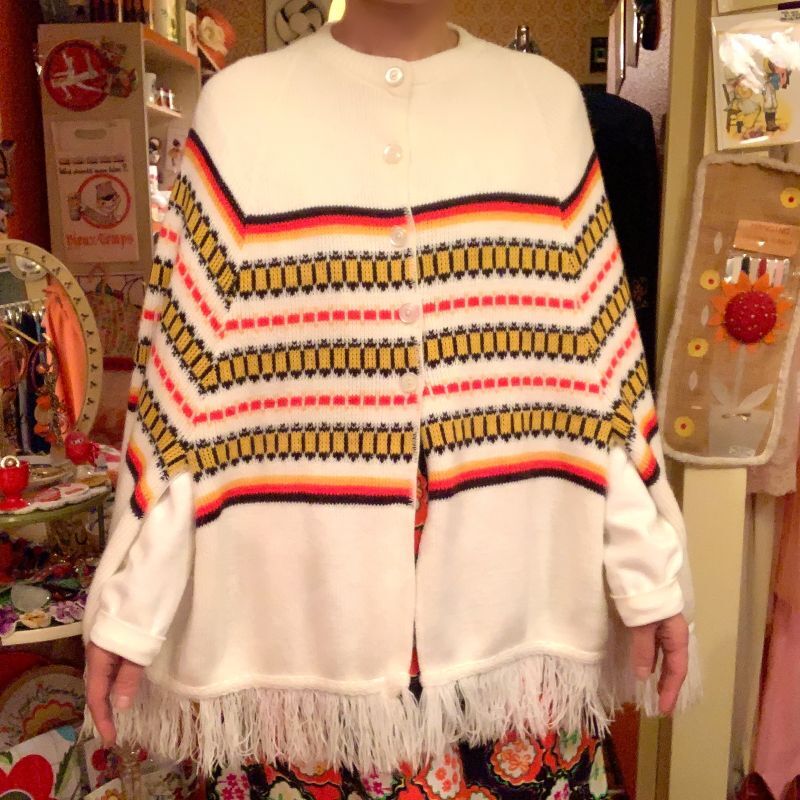 画像1: (SALE) Fringe knit poncho