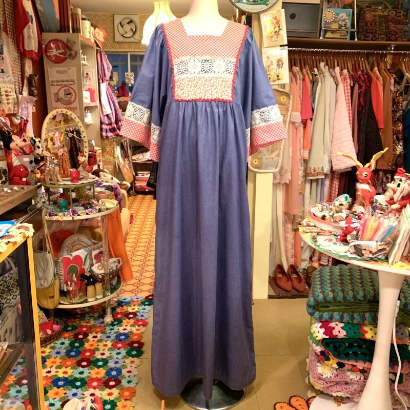 画像: 70'S Patchwork chambray long dress