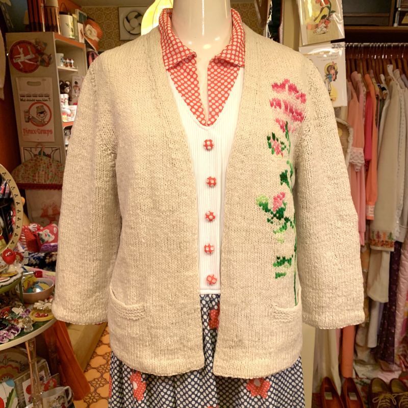 画像: 60'S Flower pattern handmade wool cardigan