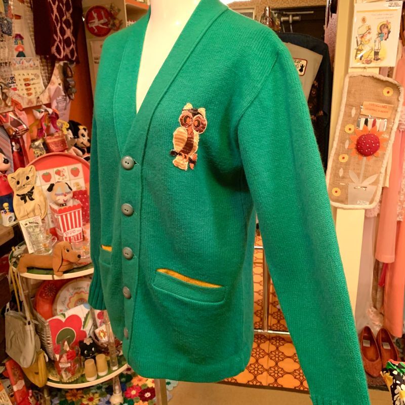 画像: 60'S〜70'S Owl patch Acrylic knit cardigan