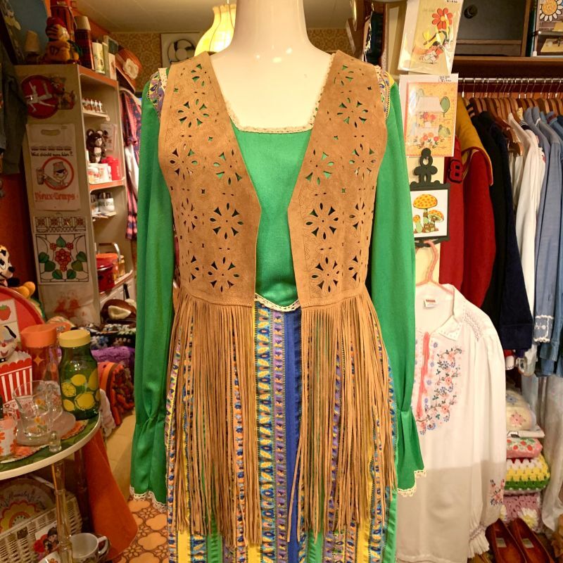 画像: Cutwork flower fringe suede vest