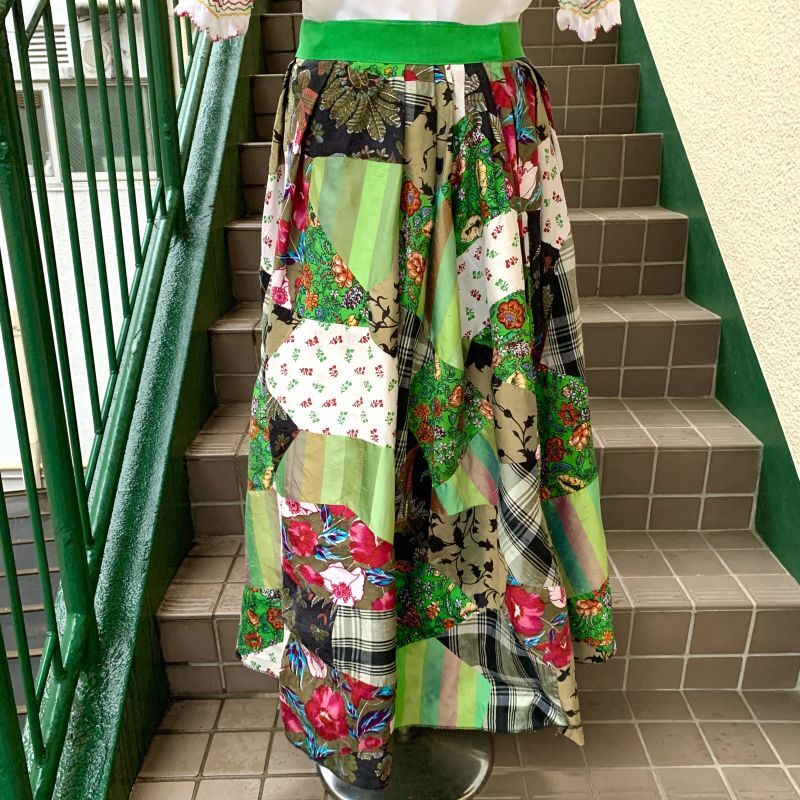 画像: (SALE) Vintage Light green line patchwork wrap skirt