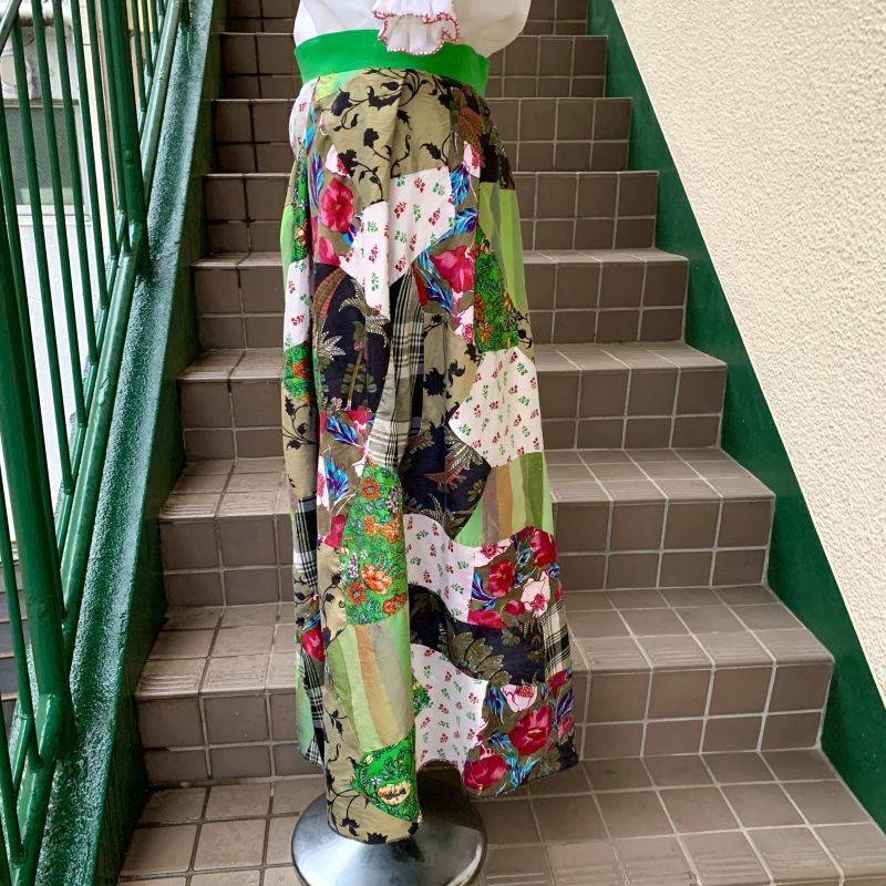 画像: (SALE) Vintage Light green line patchwork wrap skirt