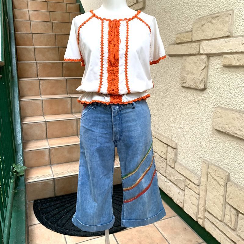 画像1: 70'S  Vintage colorful leather line denim culottes