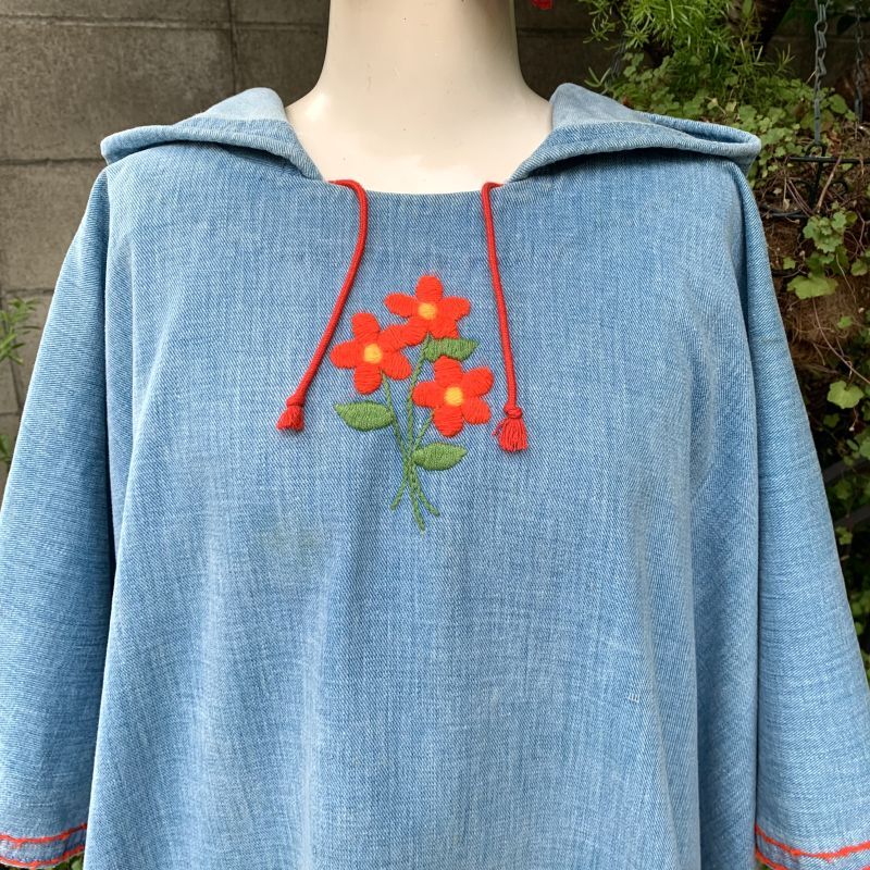 画像: Vintage Flower embroidery hooded poncho