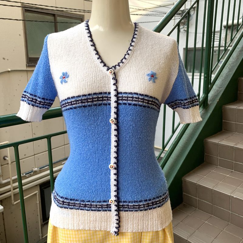 画像: (SALE) Vintage flower embroidery summer knit