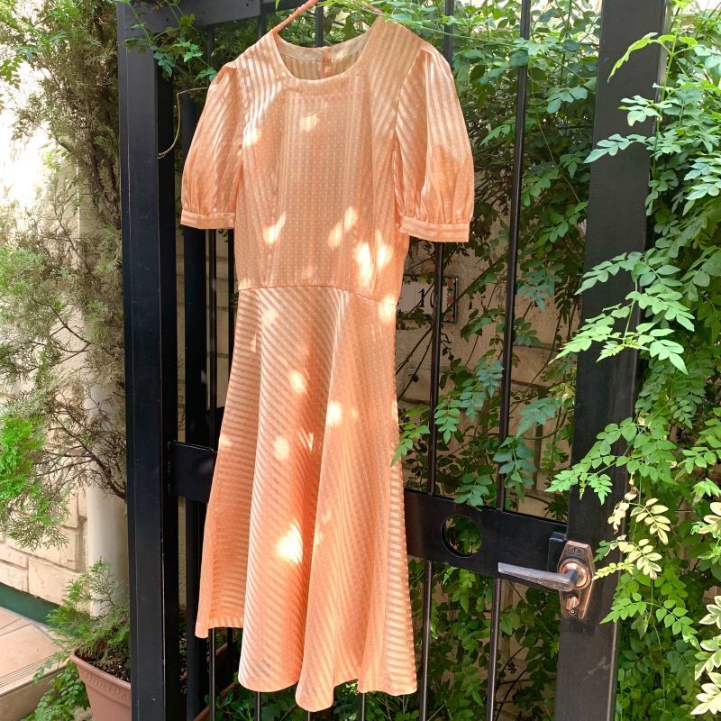 画像1: (SALE)Pearl orange small polka dots sheer stripe dress