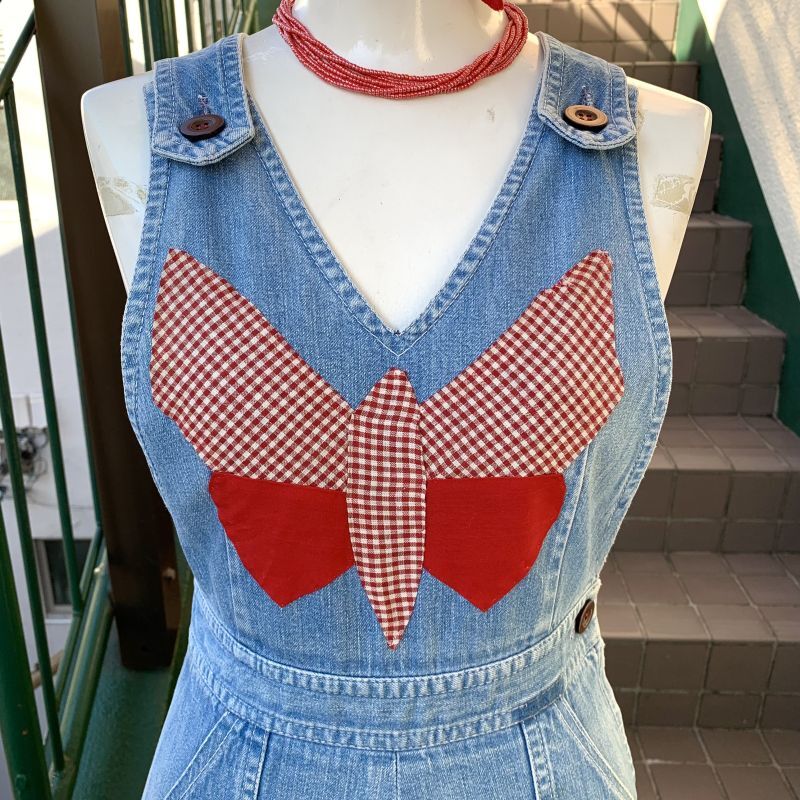 画像: Vintage Gingham butterfly patch denim onepiece