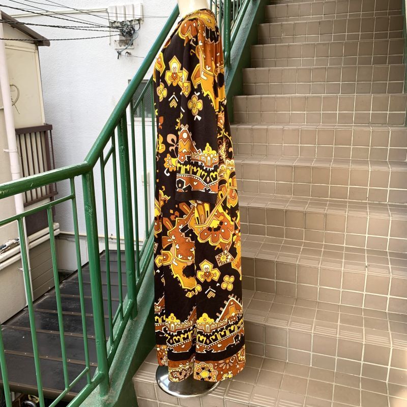 画像: Vintage oriental flower pattern poly long dress