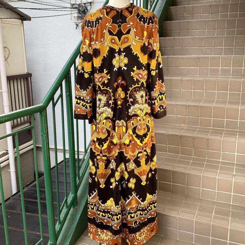 画像: Vintage oriental flower pattern poly long dress