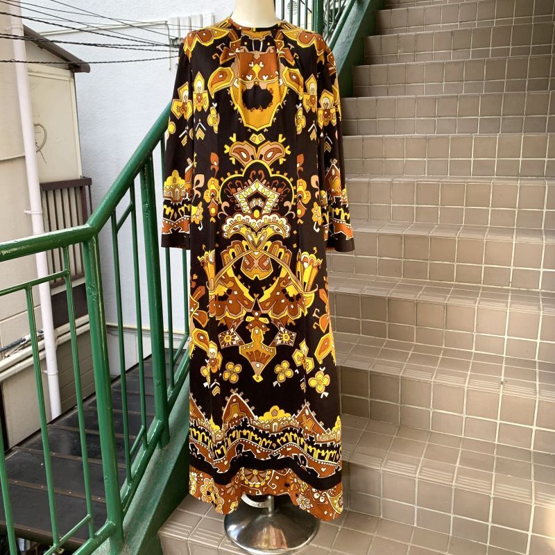 画像: Vintage oriental flower pattern poly long dress