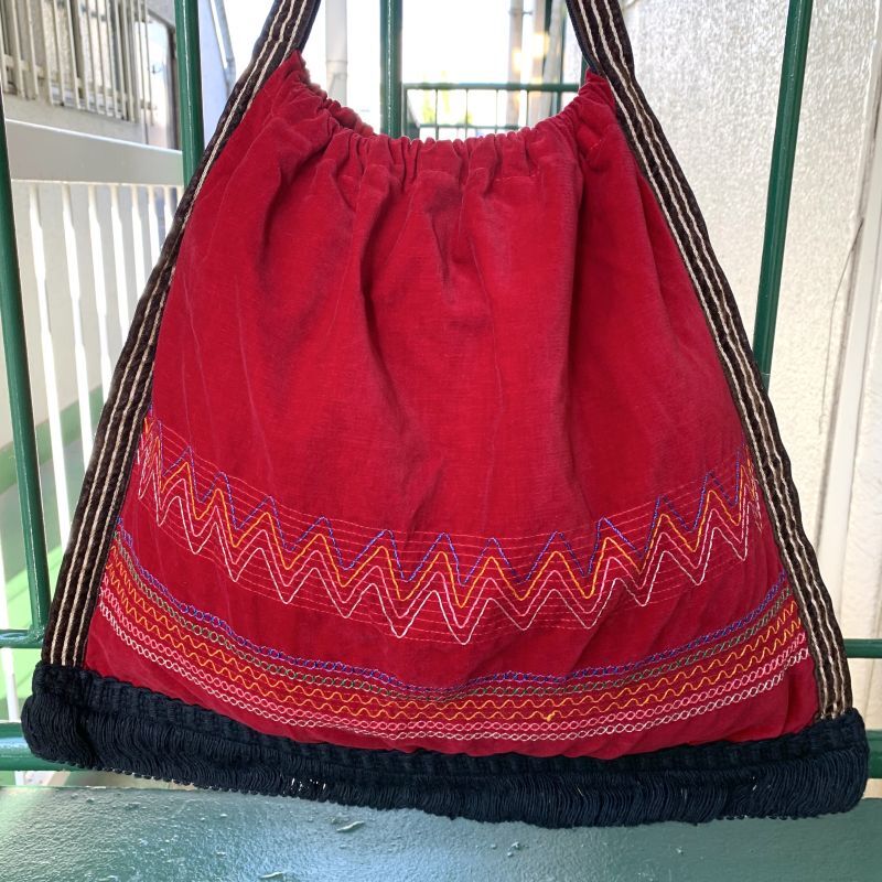 画像1: (SALE) Vintage colorful stitch burgundy velor bag