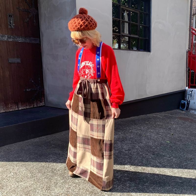 画像1: Vintage plaid&velor patchwork long skirt