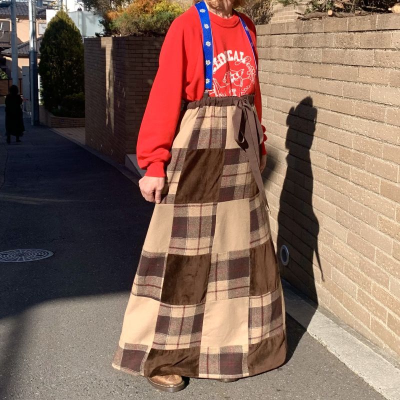 画像: Vintage plaid&velor patchwork long skirt