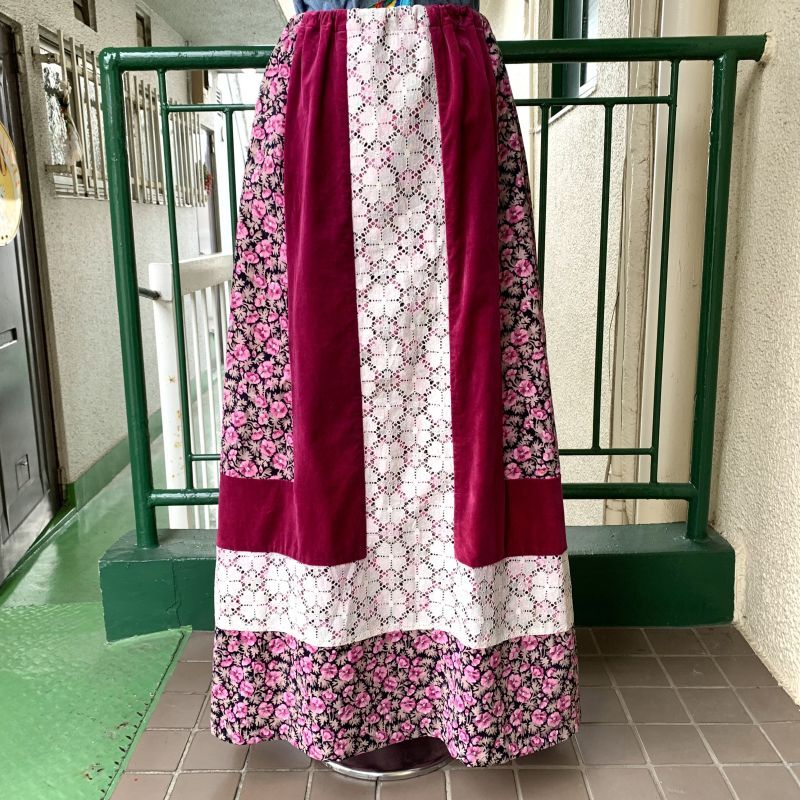 画像5: (SALE) Vintage velor&flower lace patchwork long skirt