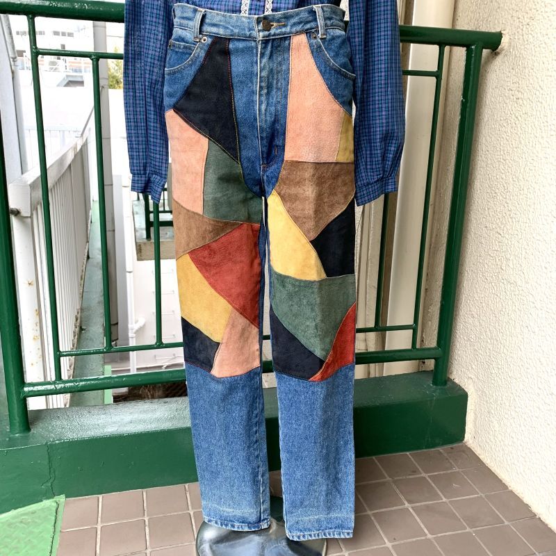 画像: Vintage colorful suede patchwork denim pants