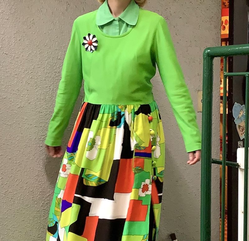 画像: Vintage light green flower printed long sleeve dress