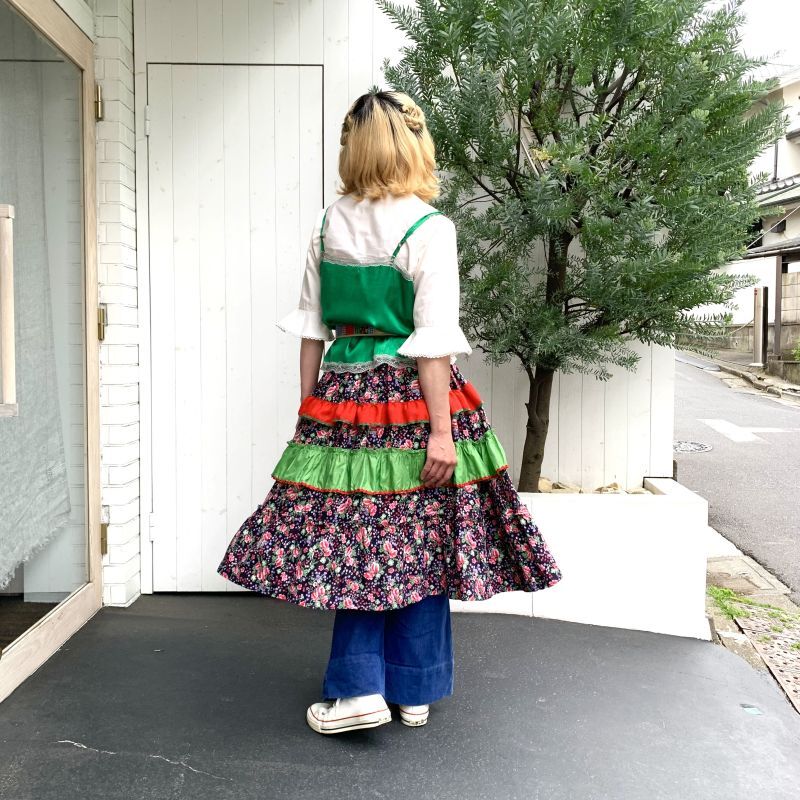 画像: Vintage ruffle line flower pattern circular skirt