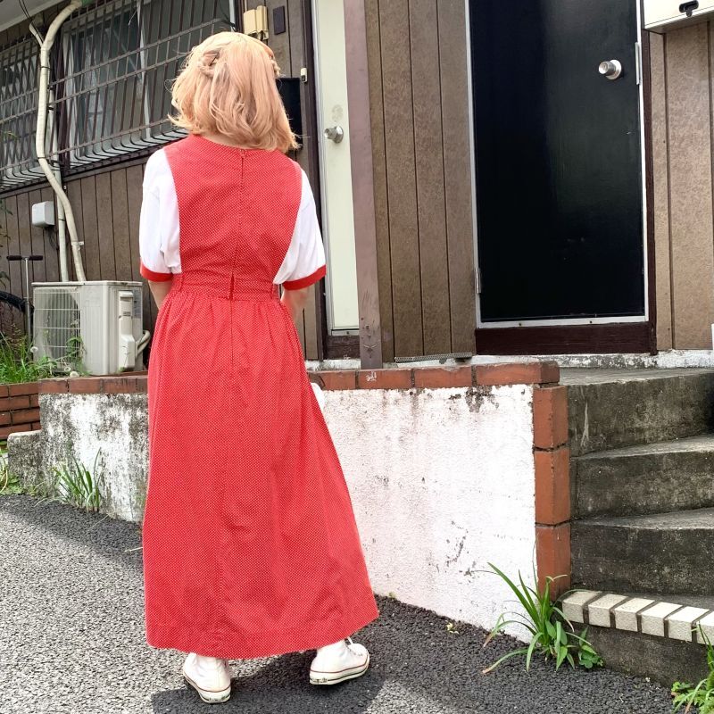 画像: Vintage pindot pattern ruffle pocket sleeveless long dress