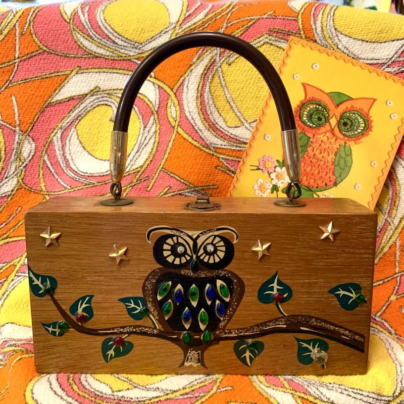 画像1: Vintage owl lucite decoration wood bag